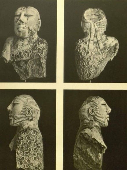 The front, back, and side views of the "Priest-King" statuette found in the Indus Valley Civilization site of Mohenjo Daro.