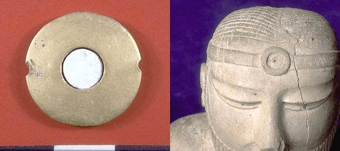  This gold disc or eye bead (left) with a steatite inlay at the center was excavated from Harappa in 1995. 